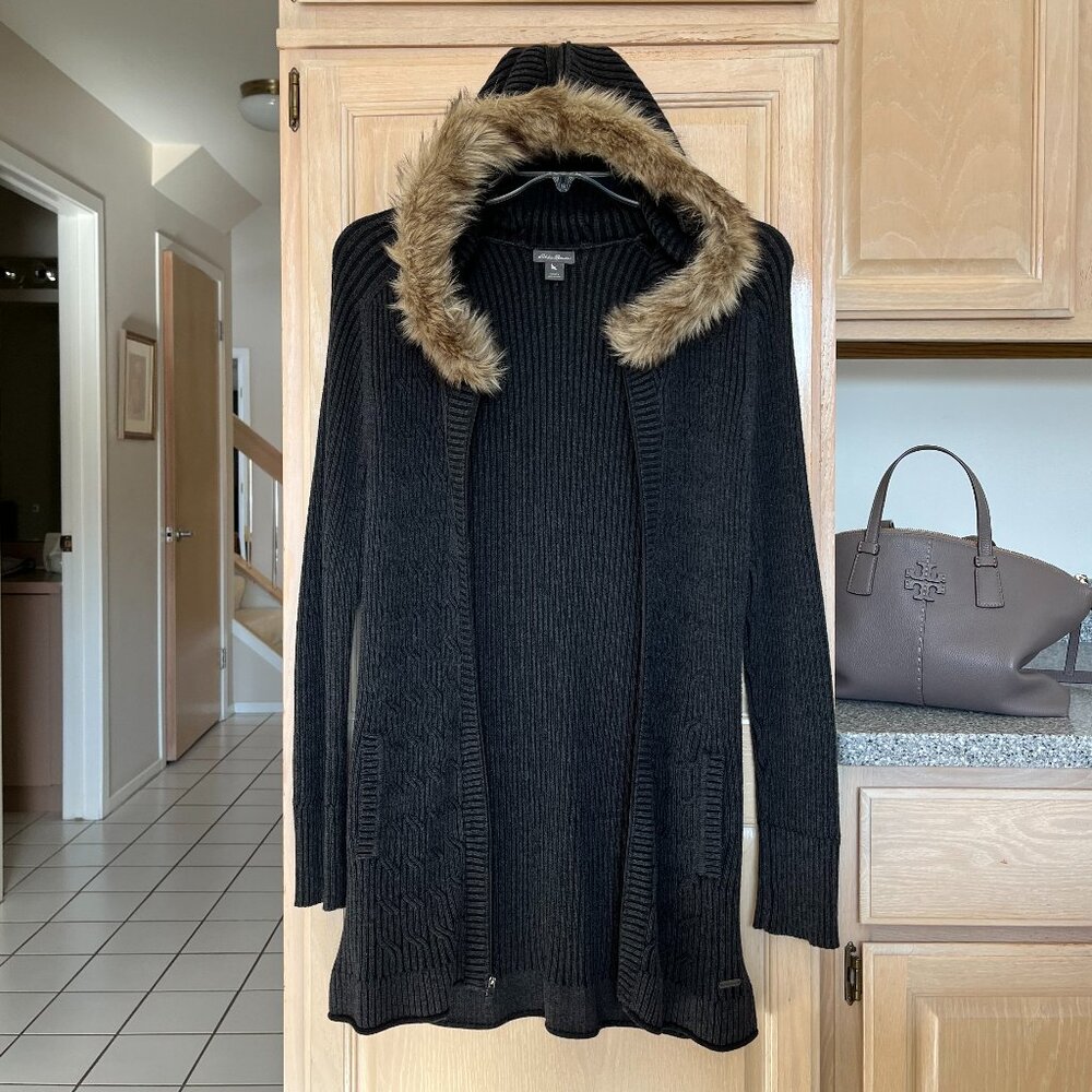 Eddie Bauer Shasta Hoodie Long Cardigan / Removable Faux Fur Trim